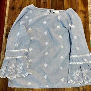 Liz Claiborne Blue Floral Embroidered Lace Peasant Blouse, 3/4 Sleeves, Medium